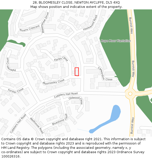 28, BLOOMESLEY CLOSE, NEWTON AYCLIFFE, DL5 4XQ: Location map and indicative extent of plot