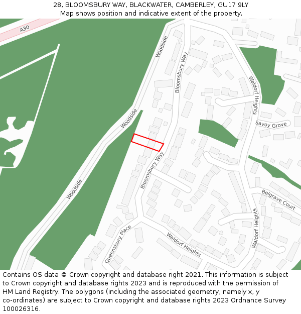 28, BLOOMSBURY WAY, BLACKWATER, CAMBERLEY, GU17 9LY: Location map and indicative extent of plot