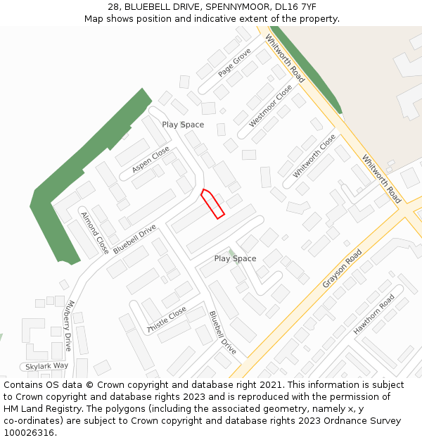 28, BLUEBELL DRIVE, SPENNYMOOR, DL16 7YF: Location map and indicative extent of plot