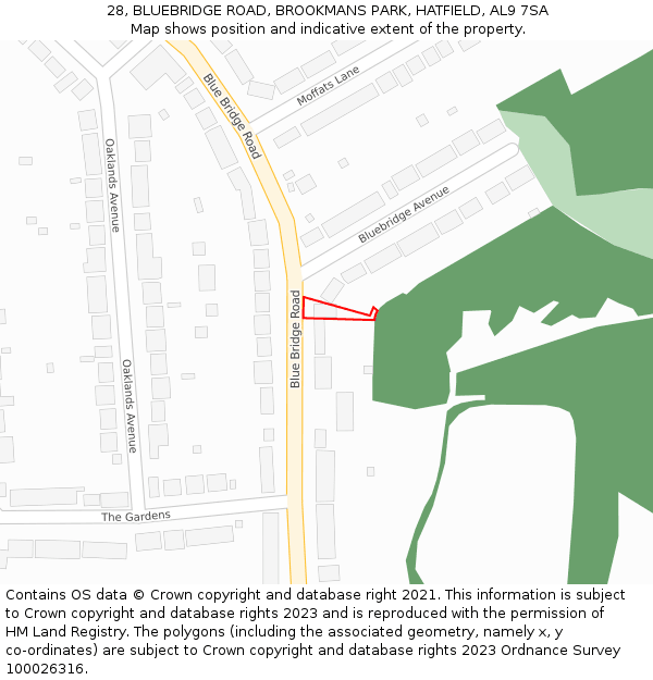 28, BLUEBRIDGE ROAD, BROOKMANS PARK, HATFIELD, AL9 7SA: Location map and indicative extent of plot