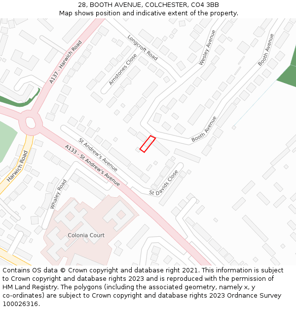 28, BOOTH AVENUE, COLCHESTER, CO4 3BB: Location map and indicative extent of plot