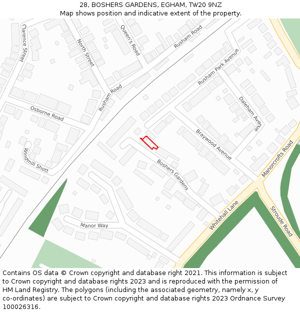 28, BOSHERS GARDENS, EGHAM, TW20 9NZ: Location map and indicative extent of plot