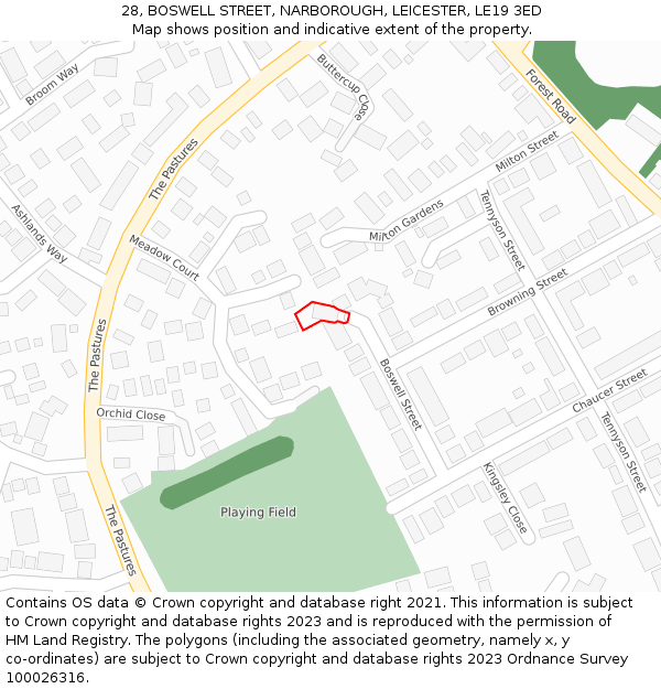 28, BOSWELL STREET, NARBOROUGH, LEICESTER, LE19 3ED: Location map and indicative extent of plot