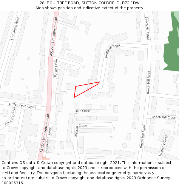 28, BOULTBEE ROAD, SUTTON COLDFIELD, B72 1DW: Location map and indicative extent of plot