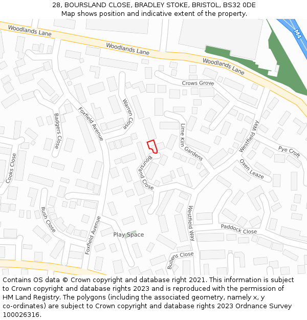 28, BOURSLAND CLOSE, BRADLEY STOKE, BRISTOL, BS32 0DE: Location map and indicative extent of plot
