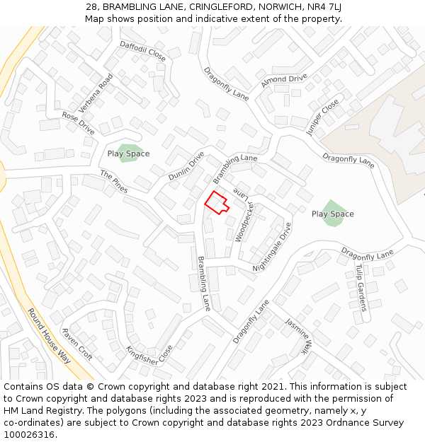 28, BRAMBLING LANE, CRINGLEFORD, NORWICH, NR4 7LJ: Location map and indicative extent of plot