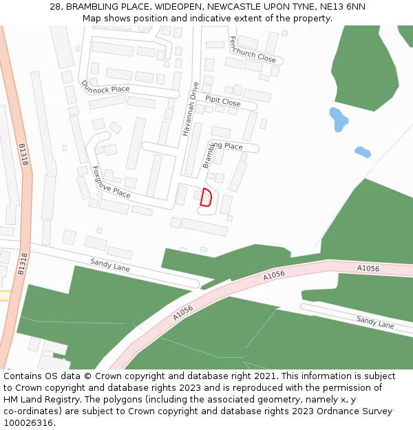 28, BRAMBLING PLACE, WIDEOPEN, NEWCASTLE UPON TYNE, NE13 6NN: Location map and indicative extent of plot