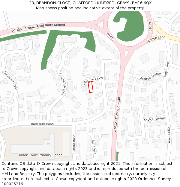 28, BRANDON CLOSE, CHAFFORD HUNDRED, GRAYS, RM16 6QX: Location map and indicative extent of plot
