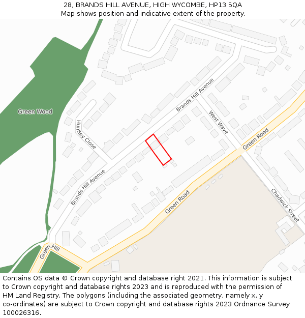 28, BRANDS HILL AVENUE, HIGH WYCOMBE, HP13 5QA: Location map and indicative extent of plot