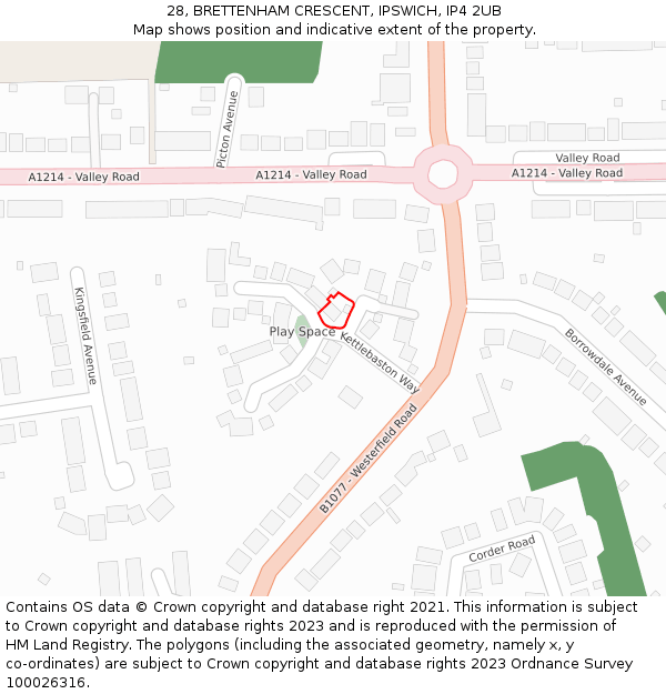 28, BRETTENHAM CRESCENT, IPSWICH, IP4 2UB: Location map and indicative extent of plot