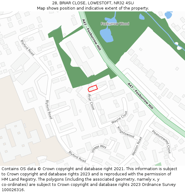 28, BRIAR CLOSE, LOWESTOFT, NR32 4SU: Location map and indicative extent of plot