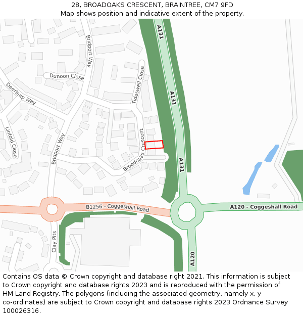 28, BROADOAKS CRESCENT, BRAINTREE, CM7 9FD: Location map and indicative extent of plot