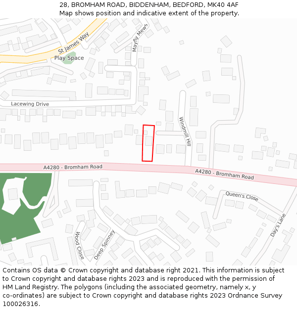 28, BROMHAM ROAD, BIDDENHAM, BEDFORD, MK40 4AF: Location map and indicative extent of plot