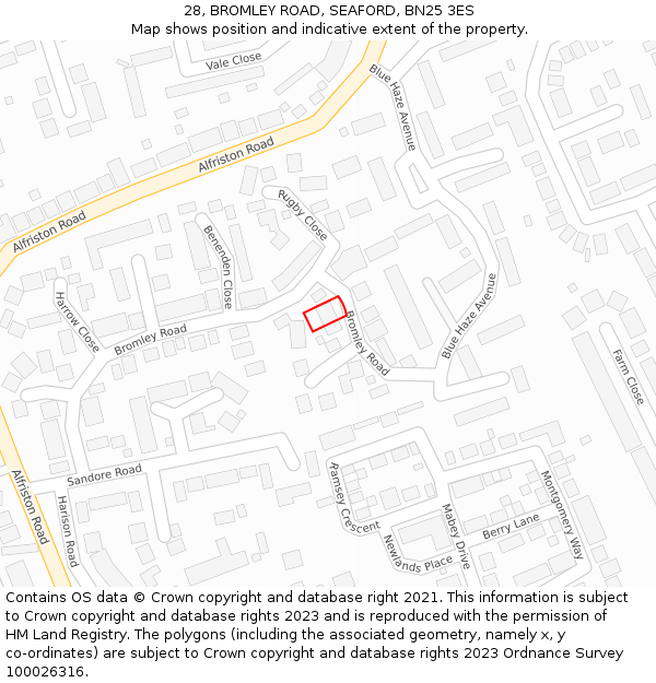 28, BROMLEY ROAD, SEAFORD, BN25 3ES: Location map and indicative extent of plot