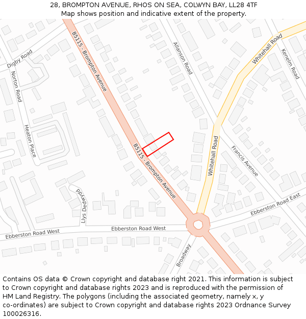 28, BROMPTON AVENUE, RHOS ON SEA, COLWYN BAY, LL28 4TF: Location map and indicative extent of plot
