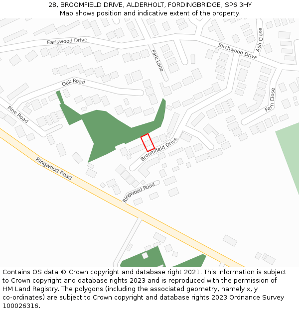 28, BROOMFIELD DRIVE, ALDERHOLT, FORDINGBRIDGE, SP6 3HY: Location map and indicative extent of plot