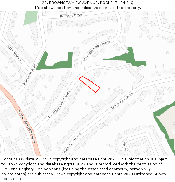 28, BROWNSEA VIEW AVENUE, POOLE, BH14 8LQ: Location map and indicative extent of plot