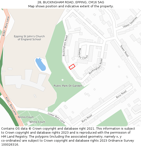 28, BUCKINGHAM ROAD, EPPING, CM16 5AG: Location map and indicative extent of plot