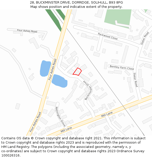 28, BUCKMINSTER DRIVE, DORRIDGE, SOLIHULL, B93 8PG: Location map and indicative extent of plot