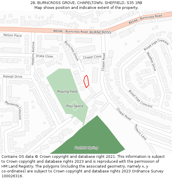 28, BURNCROSS GROVE, CHAPELTOWN, SHEFFIELD, S35 1RB: Location map and indicative extent of plot
