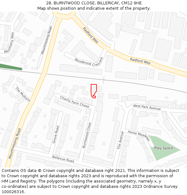 28, BURNTWOOD CLOSE, BILLERICAY, CM12 9HE: Location map and indicative extent of plot