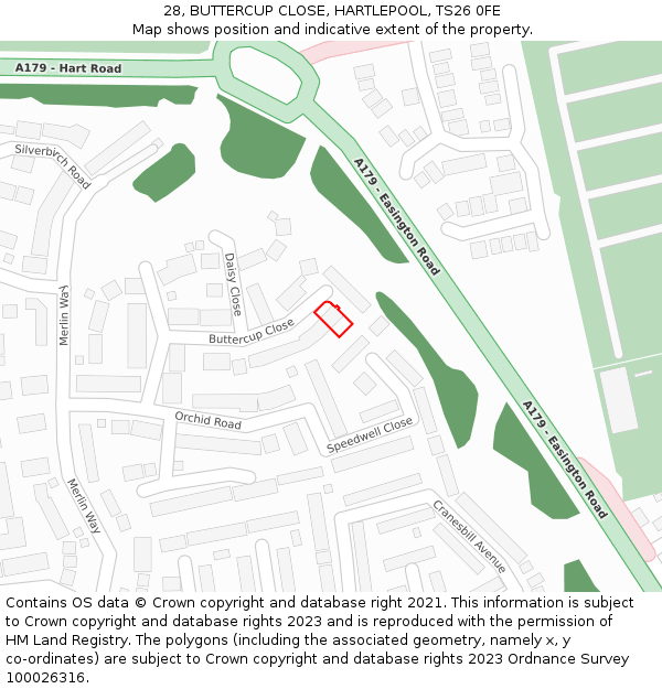 28, BUTTERCUP CLOSE, HARTLEPOOL, TS26 0FE: Location map and indicative extent of plot
