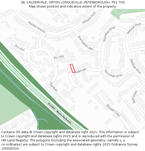 28, CALDERVALE, ORTON LONGUEVILLE, PETERBOROUGH, PE2 7HX: Location map and indicative extent of plot