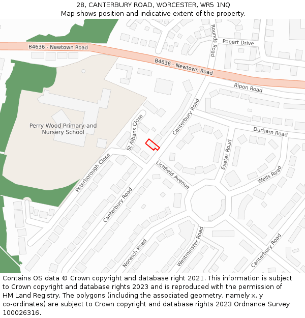 28, CANTERBURY ROAD, WORCESTER, WR5 1NQ: Location map and indicative extent of plot