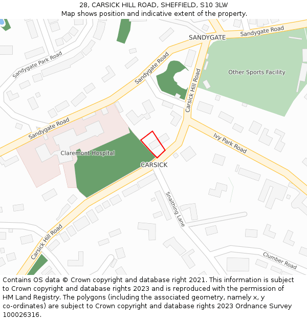 28, CARSICK HILL ROAD, SHEFFIELD, S10 3LW: Location map and indicative extent of plot