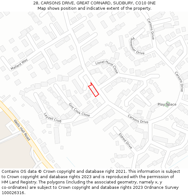 28, CARSONS DRIVE, GREAT CORNARD, SUDBURY, CO10 0NE: Location map and indicative extent of plot