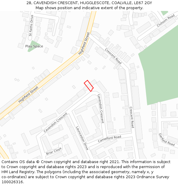 28, CAVENDISH CRESCENT, HUGGLESCOTE, COALVILLE, LE67 2GY: Location map and indicative extent of plot