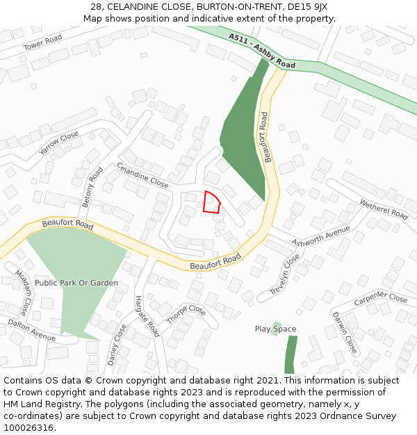 28, CELANDINE CLOSE, BURTON-ON-TRENT, DE15 9JX: Location map and indicative extent of plot