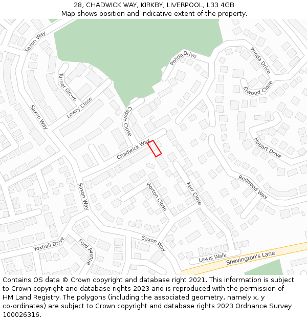 28, CHADWICK WAY, KIRKBY, LIVERPOOL, L33 4GB: Location map and indicative extent of plot