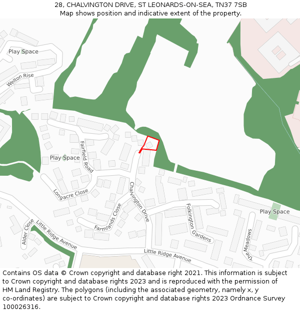 28, CHALVINGTON DRIVE, ST LEONARDS-ON-SEA, TN37 7SB: Location map and indicative extent of plot