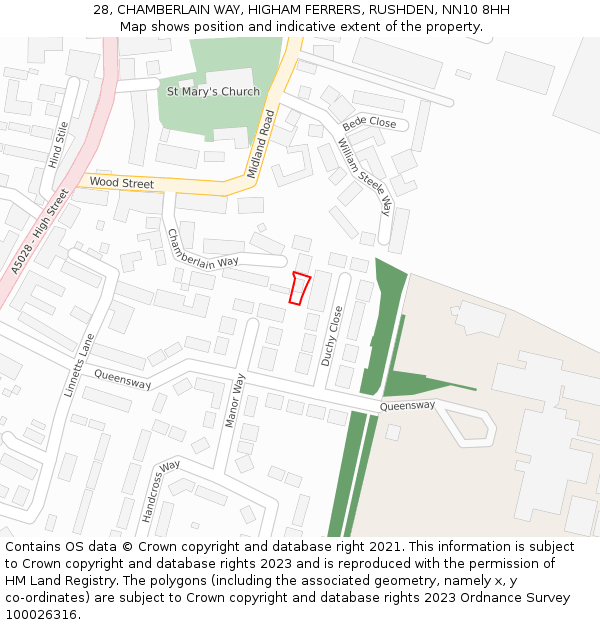 28, CHAMBERLAIN WAY, HIGHAM FERRERS, RUSHDEN, NN10 8HH: Location map and indicative extent of plot