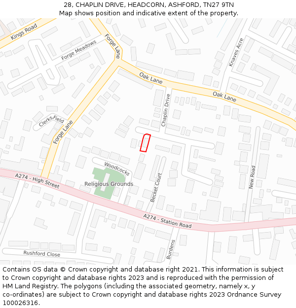 28, CHAPLIN DRIVE, HEADCORN, ASHFORD, TN27 9TN: Location map and indicative extent of plot