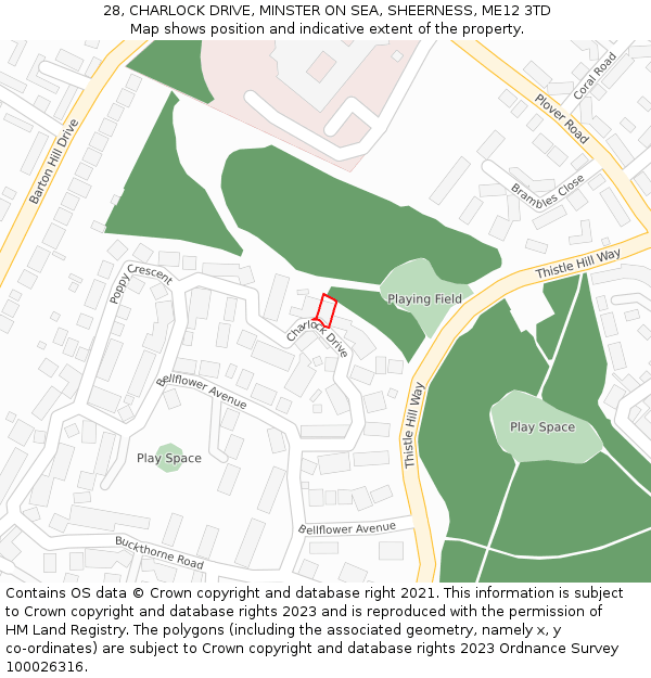 28, CHARLOCK DRIVE, MINSTER ON SEA, SHEERNESS, ME12 3TD: Location map and indicative extent of plot