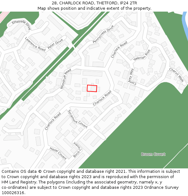 28, CHARLOCK ROAD, THETFORD, IP24 2TR: Location map and indicative extent of plot