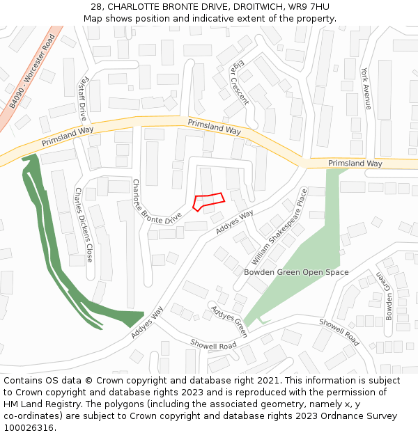 28, CHARLOTTE BRONTE DRIVE, DROITWICH, WR9 7HU: Location map and indicative extent of plot