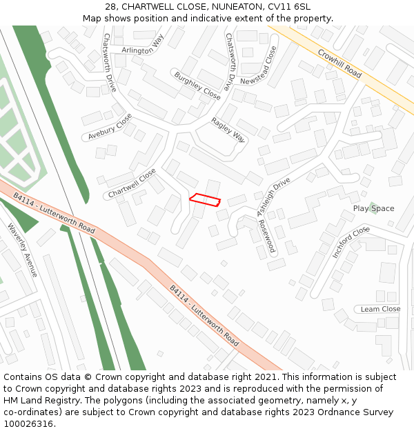 28, CHARTWELL CLOSE, NUNEATON, CV11 6SL: Location map and indicative extent of plot