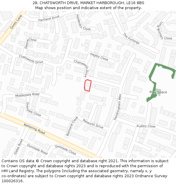 28, CHATSWORTH DRIVE, MARKET HARBOROUGH, LE16 8BS: Location map and indicative extent of plot