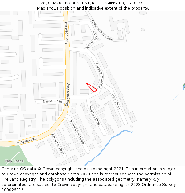28, CHAUCER CRESCENT, KIDDERMINSTER, DY10 3XF: Location map and indicative extent of plot