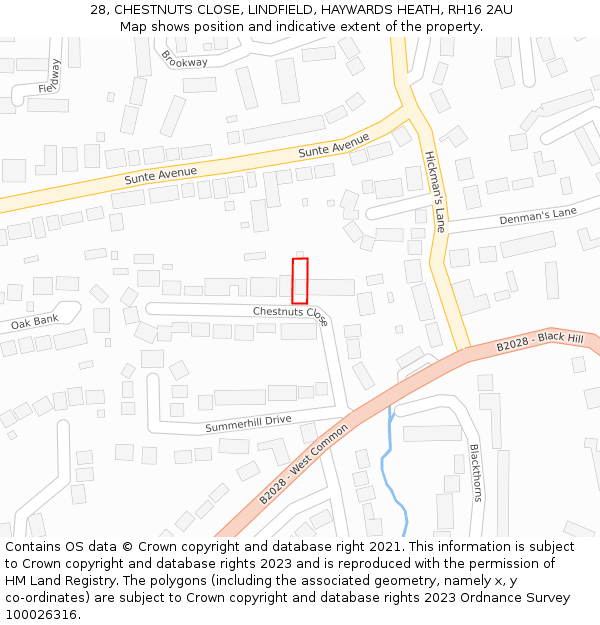 28, CHESTNUTS CLOSE, LINDFIELD, HAYWARDS HEATH, RH16 2AU: Location map and indicative extent of plot