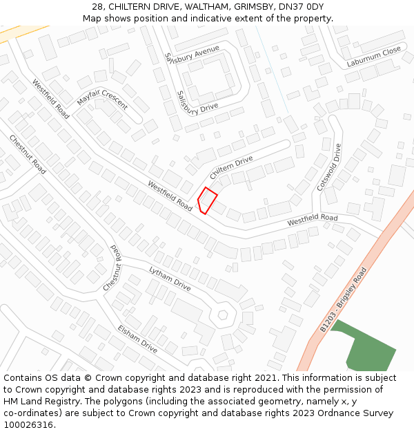 28, CHILTERN DRIVE, WALTHAM, GRIMSBY, DN37 0DY: Location map and indicative extent of plot