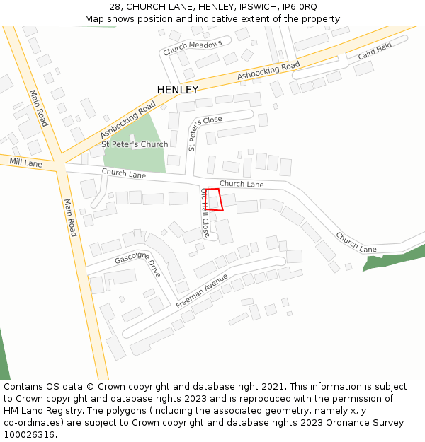 28, CHURCH LANE, HENLEY, IPSWICH, IP6 0RQ: Location map and indicative extent of plot