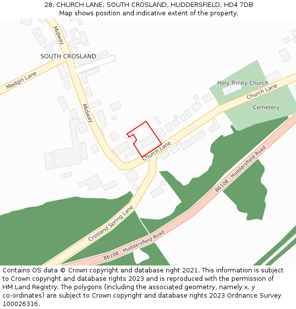 28, CHURCH LANE, SOUTH CROSLAND, HUDDERSFIELD, HD4 7DB: Location map and indicative extent of plot