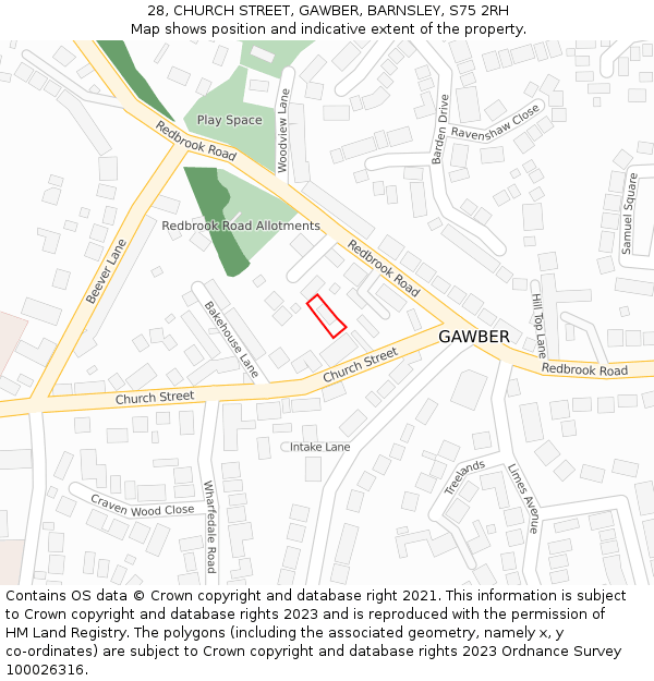 28, CHURCH STREET, GAWBER, BARNSLEY, S75 2RH: Location map and indicative extent of plot