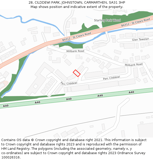 28, CILDDEWI PARK, JOHNSTOWN, CARMARTHEN, SA31 3HP: Location map and indicative extent of plot