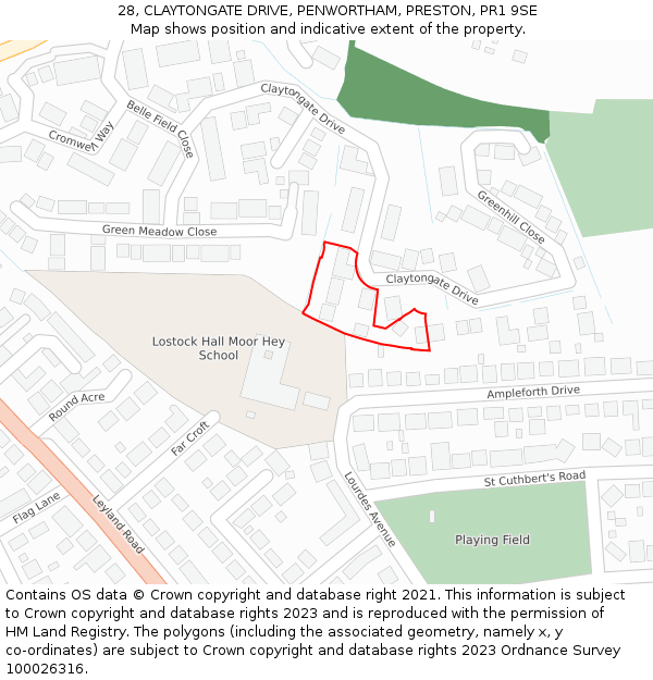 28, CLAYTONGATE DRIVE, PENWORTHAM, PRESTON, PR1 9SE: Location map and indicative extent of plot