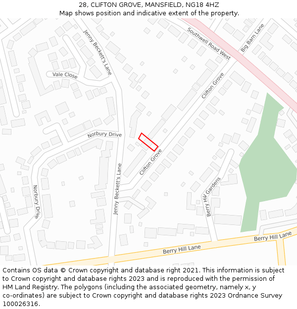 28, CLIFTON GROVE, MANSFIELD, NG18 4HZ: Location map and indicative extent of plot